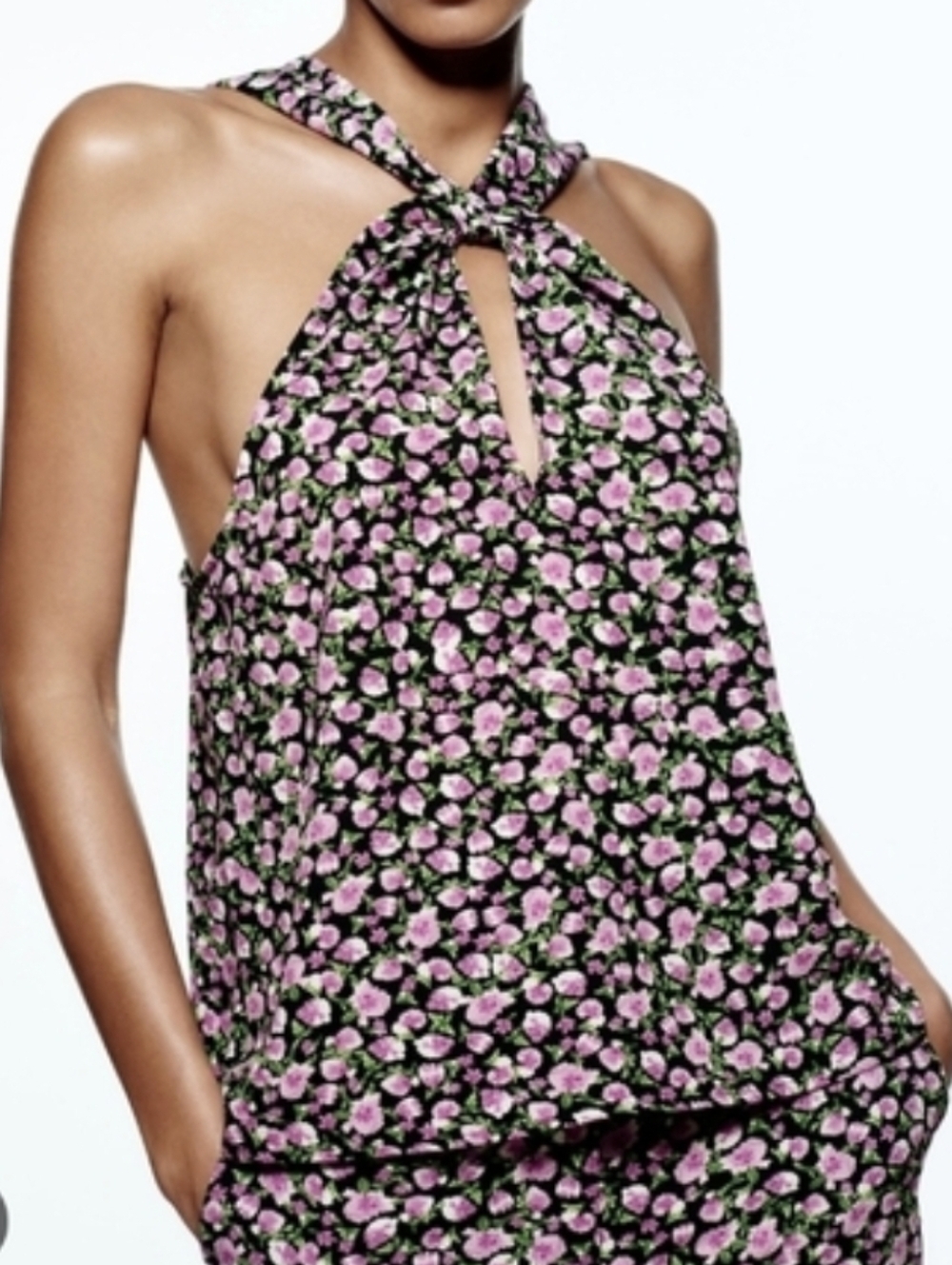 ZARA Floral Sleeveless Top - Black and Purple-halter Top...Size:M